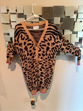 First Love Leopard-Print V-Neck Cardigan in Tan, Black with Pink Trim